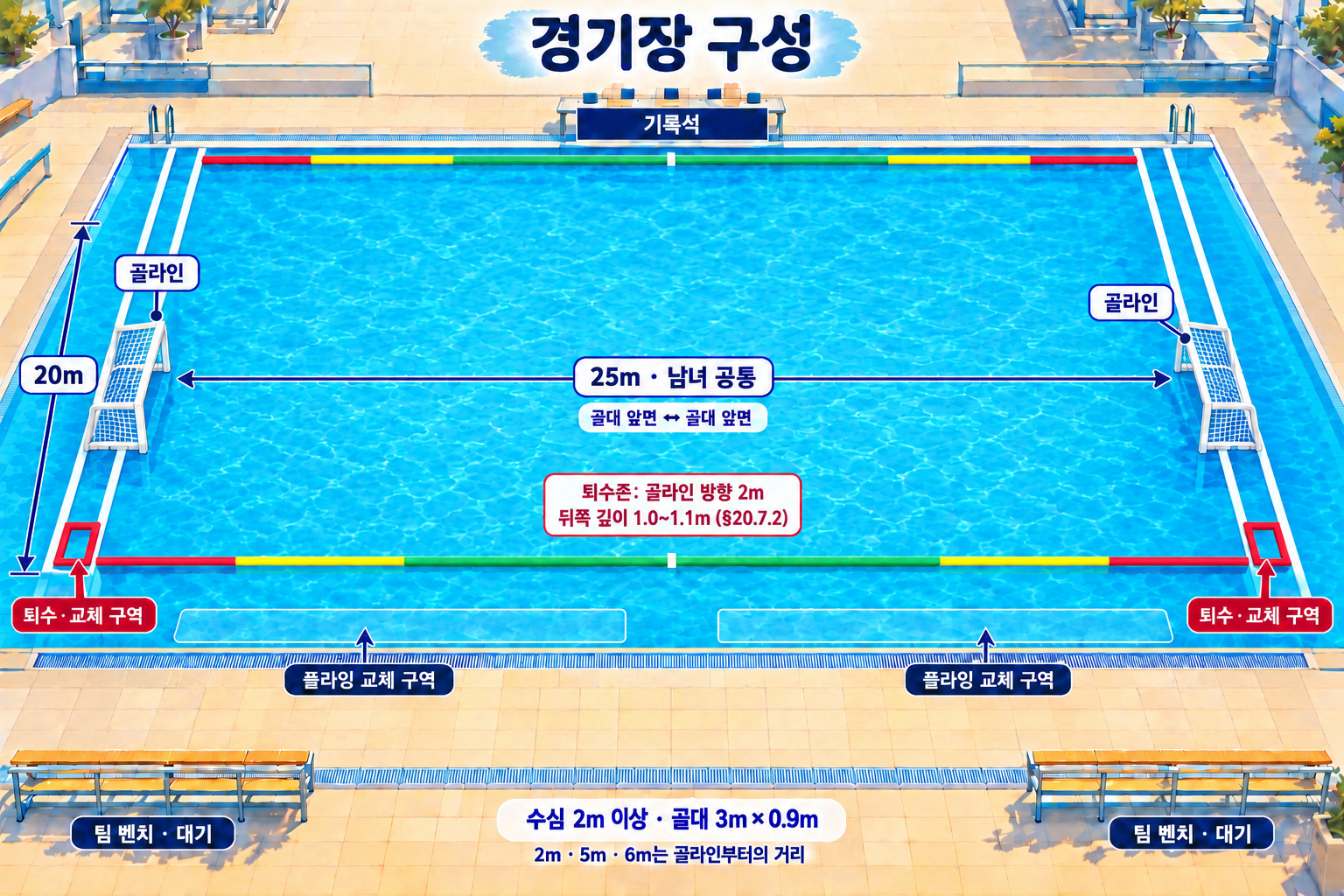 경기장 구성: 양 끝 골대와 평행한 흰 경계 라인, 사이드라인, 팀 벤치 및 빨간 퇴수·교체 구역